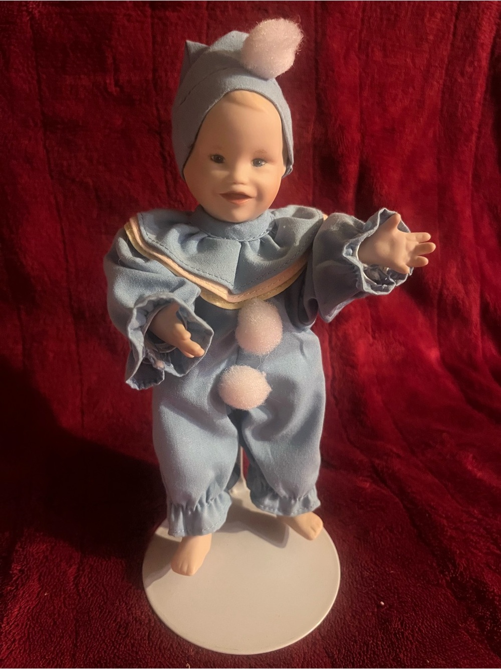 Vintage Ashton- Drake Yolanda Bello Porcelain Blue Clown Doll with Pink Pom-Poms